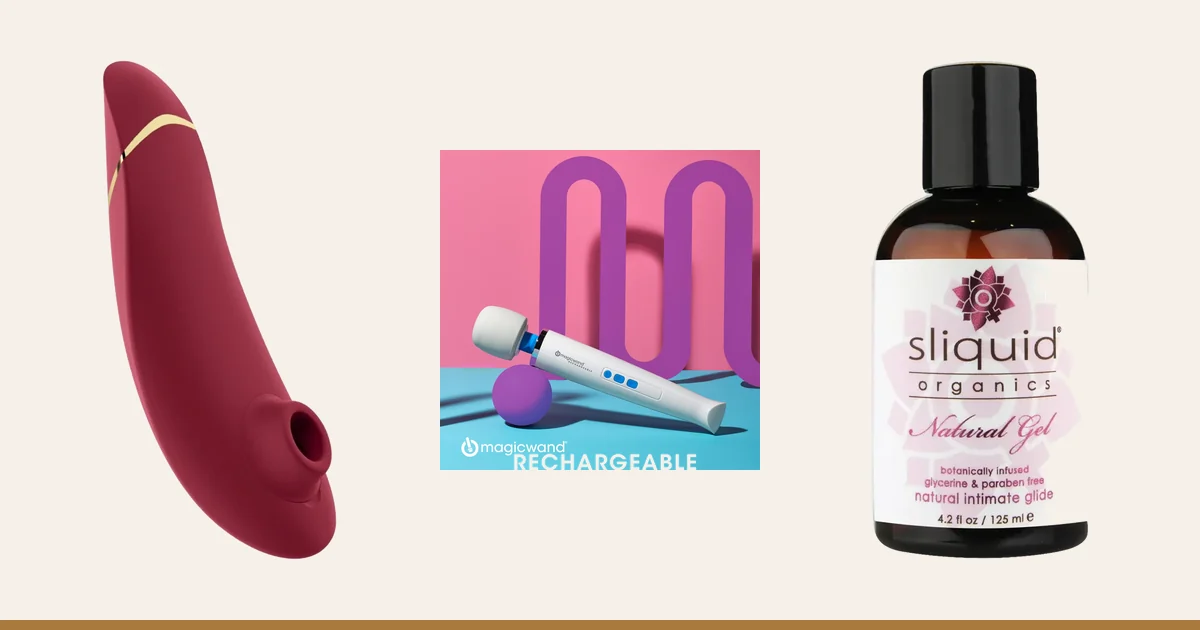 Womanizer Premium 2, Magic Wand Rechargeable and Sliquid Organics Natural Gel.