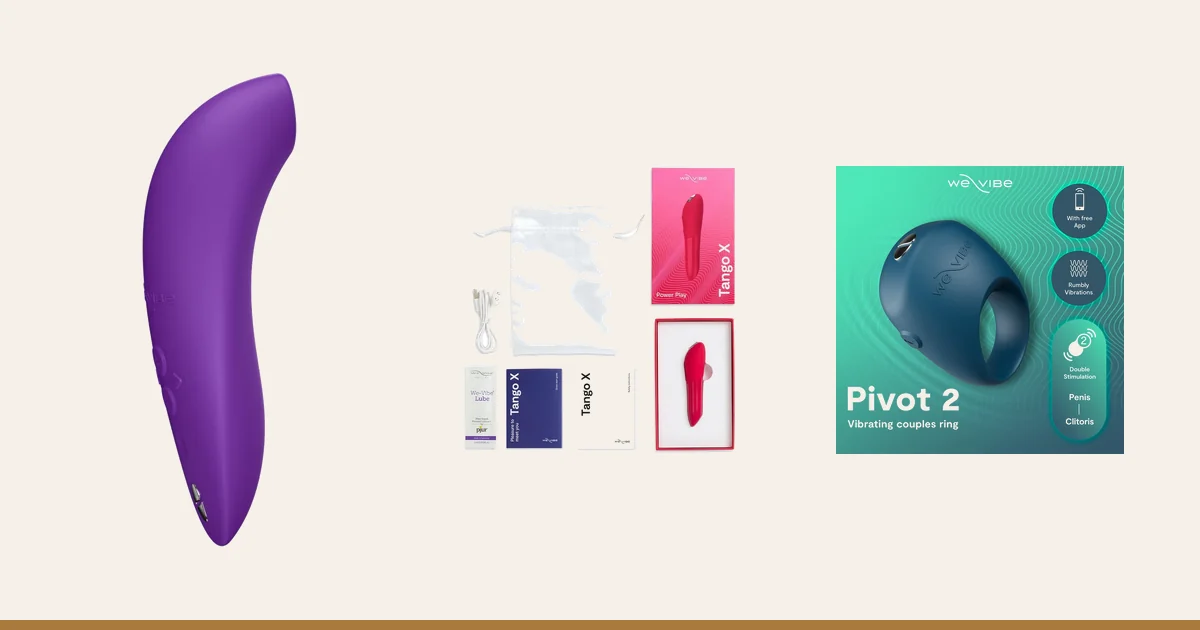 We-Vibe Melt 2, Tango X and Pivot 2 arranged for during-sex clit play.