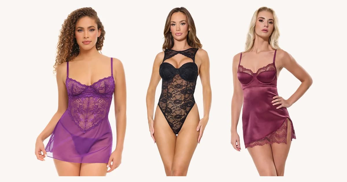 The Underwire Floral Babydoll in purple, the Forevermore Teddy in black lace and the Ever After Chemise in plum satin.