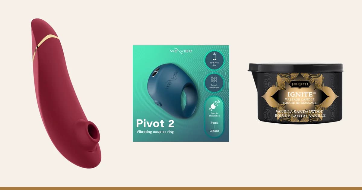 Womanizer Premium 2, We-Vibe Pivot 2 and a Kama Sutra Ignite massage candle.