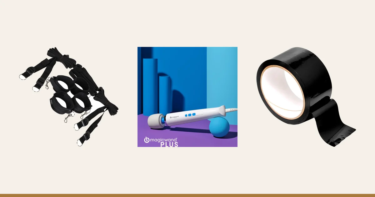 Sportsheets Under the Bed Restraint System, Magic Wand Plus and Pleasure Tape.