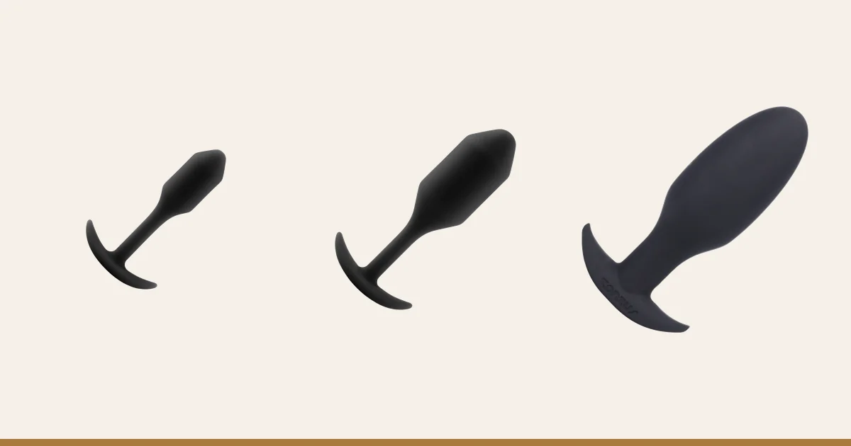 b-Vibe Snug Plug 1, b-Vibe Snug Plug 2 and Tantus Ryder butt plugs, from smallest to largest.