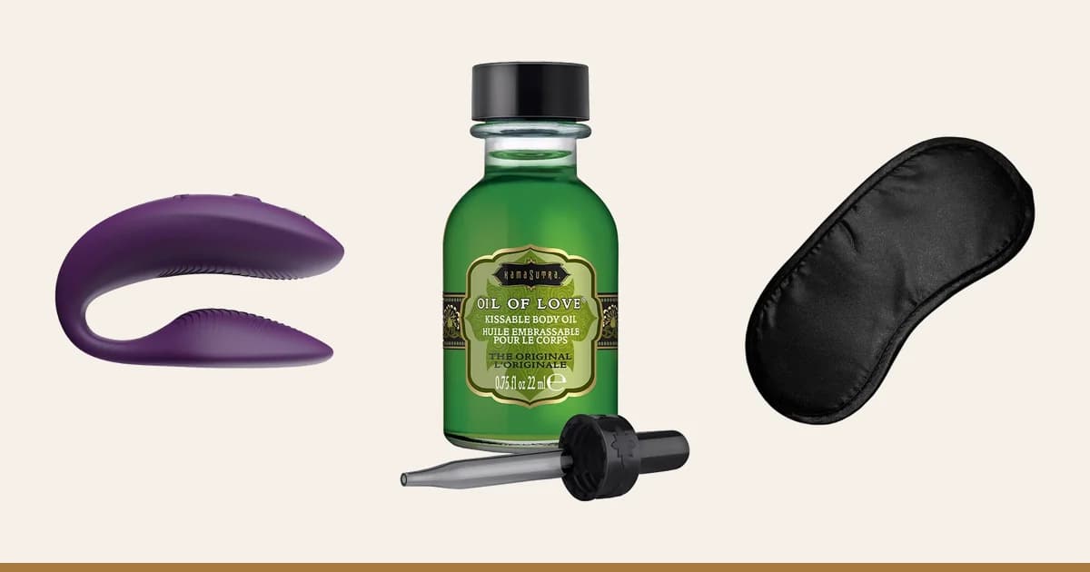 We-Vibe Sync 2, Kama Sutra Oil of Love and a satin blindfold.