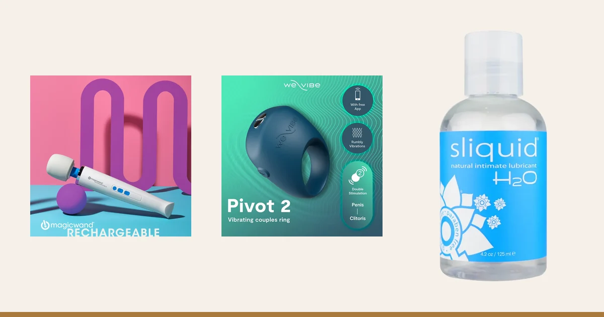 Magic Wand Rechargeable, We-Vibe Pivot 2 and Sliquid H2O.