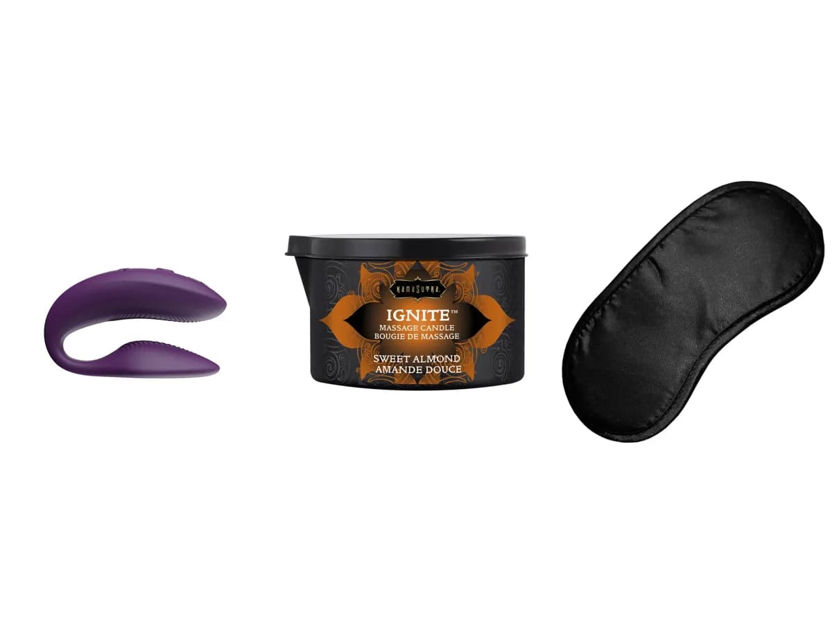 We-Vibe Sync 2, Kama Sutra Ignite massage candle and a satin blindfold.