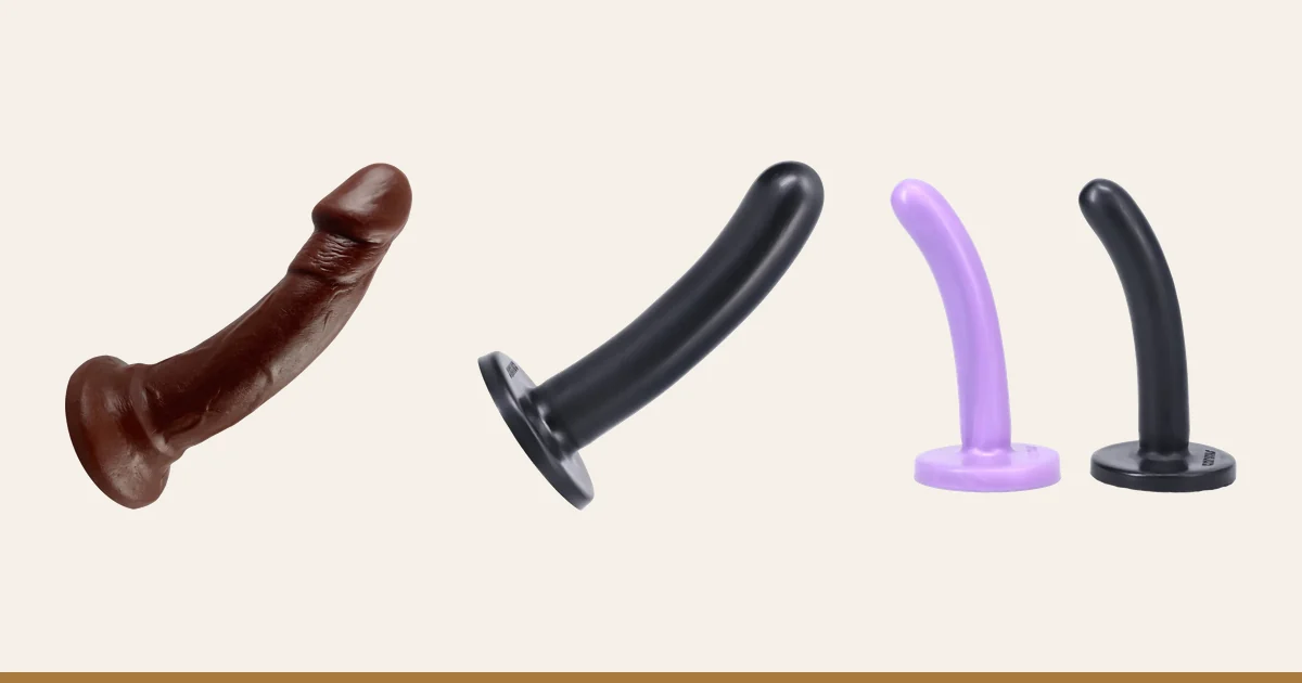 Vixen Mustang, Tantus Silk Medium and Tantus Silk Small dildos, from largest to smallest.