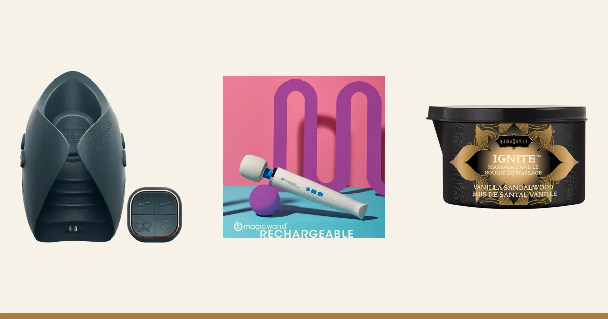 Hot Octopuss Pulse Duo, Magic Wand Rechargeable and a Kama Sutra Ignite massage candle.