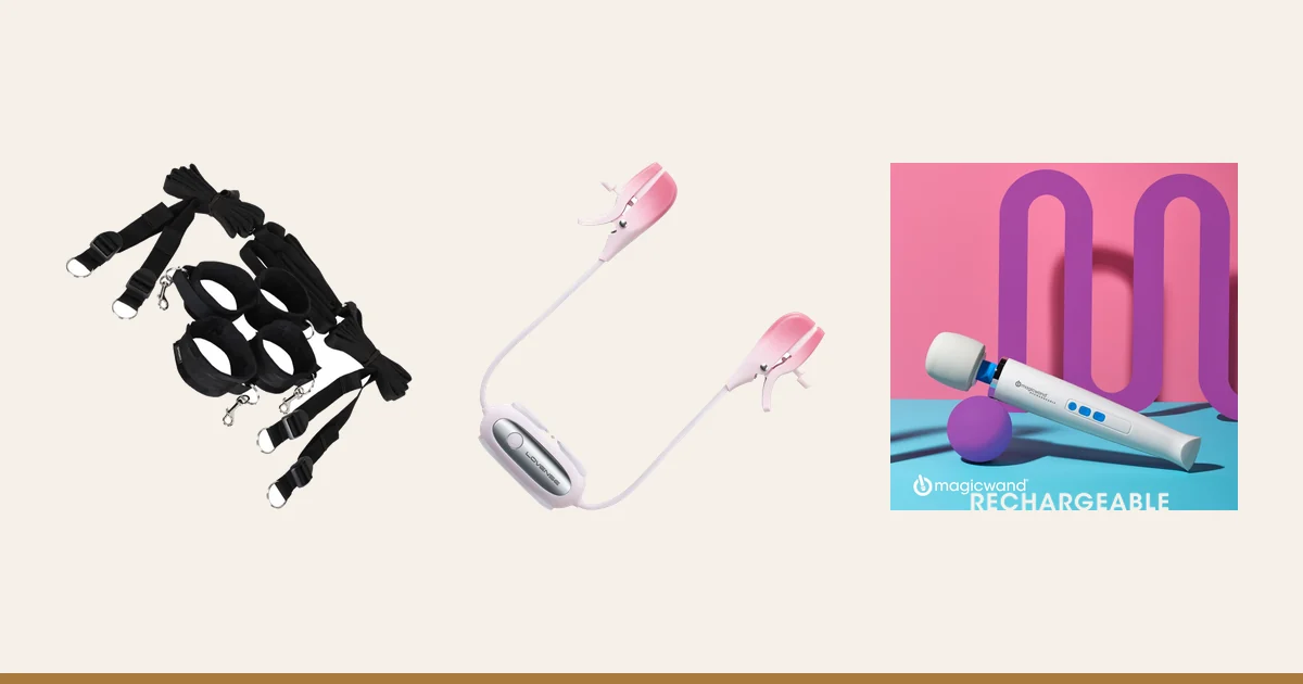 Sportsheets Under the Bed Restraints, Lovense Gemini clamps and Magic Wand Rechargeable.