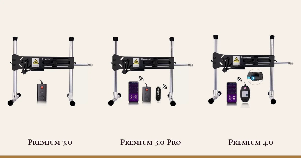 Hismith Premium 3.0, Premium 3.0 Pro and Premium 4.0 sex machines side by side.