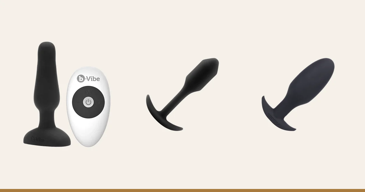 b-Vibe Novice Plug and remote beside the b-Vibe Snug Plug 1 and Tantus Ryder.