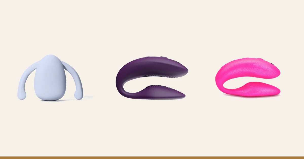 Dame Eva II hands-free vibrator beside We-Vibe Sync 2 and Chorus.