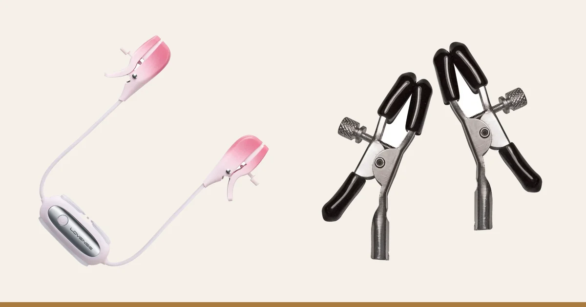 Lovense Gemini vibrating nipple clamps beside the Sex & Mischief clips.