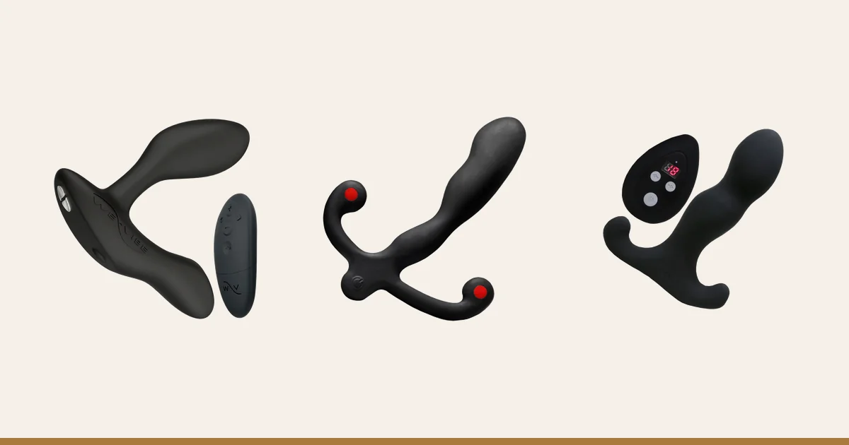 We-Vibe Vector+ beside the Aneros Helix Syn V and Aneros Vice 2.