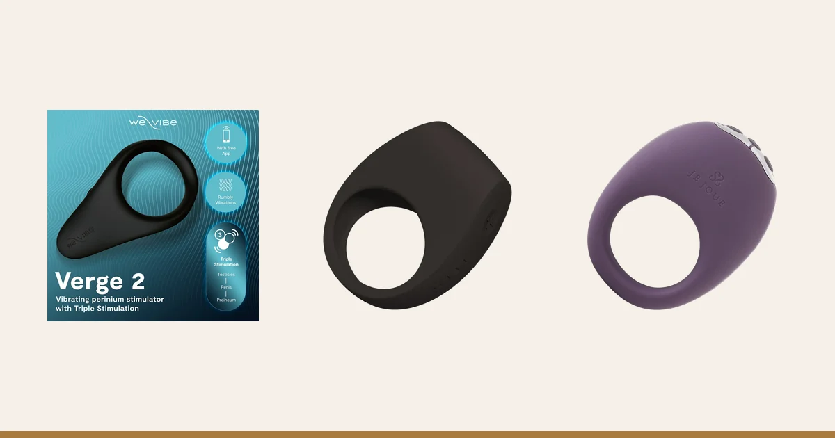 We-Vibe Verge 2 in its box beside the LELO Tor 3 and Je Joue Mio rings.