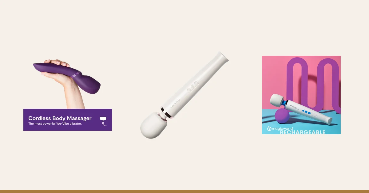 We-Vibe Wand 2 beside the Le Wand Rechargeable and Magic Wand Rechargeable.