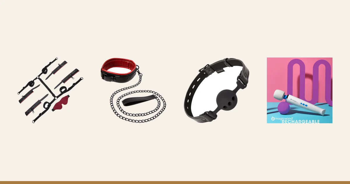 Saffron Under the Bed restraints, Saffron leash and collar, breathable ball gag and Magic Wand Rechargeable.