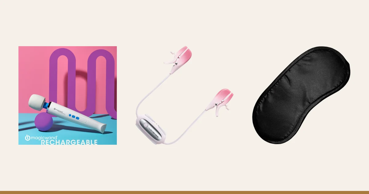 Magic Wand Rechargeable, Lovense Gemini and a satin blindfold.