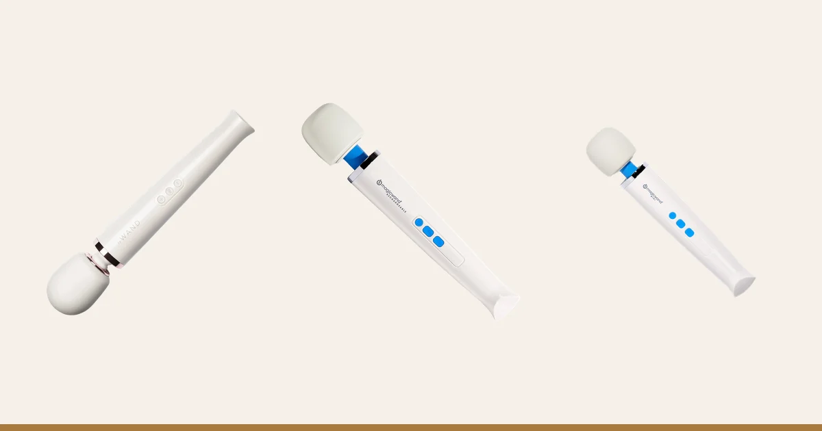 Le Wand Rechargeable next to a Magic Wand Rechargeable and a Magic Wand Mini.