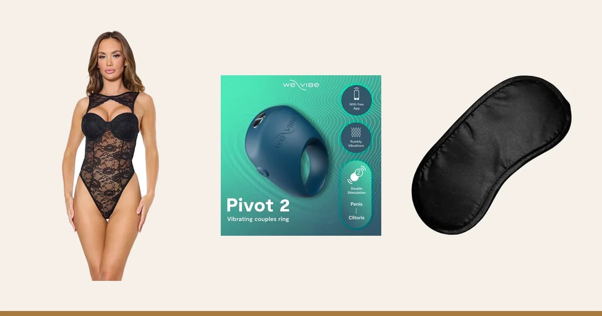 Coquette Forevermore Teddy, We-Vibe Pivot 2 and a satin blindfold.