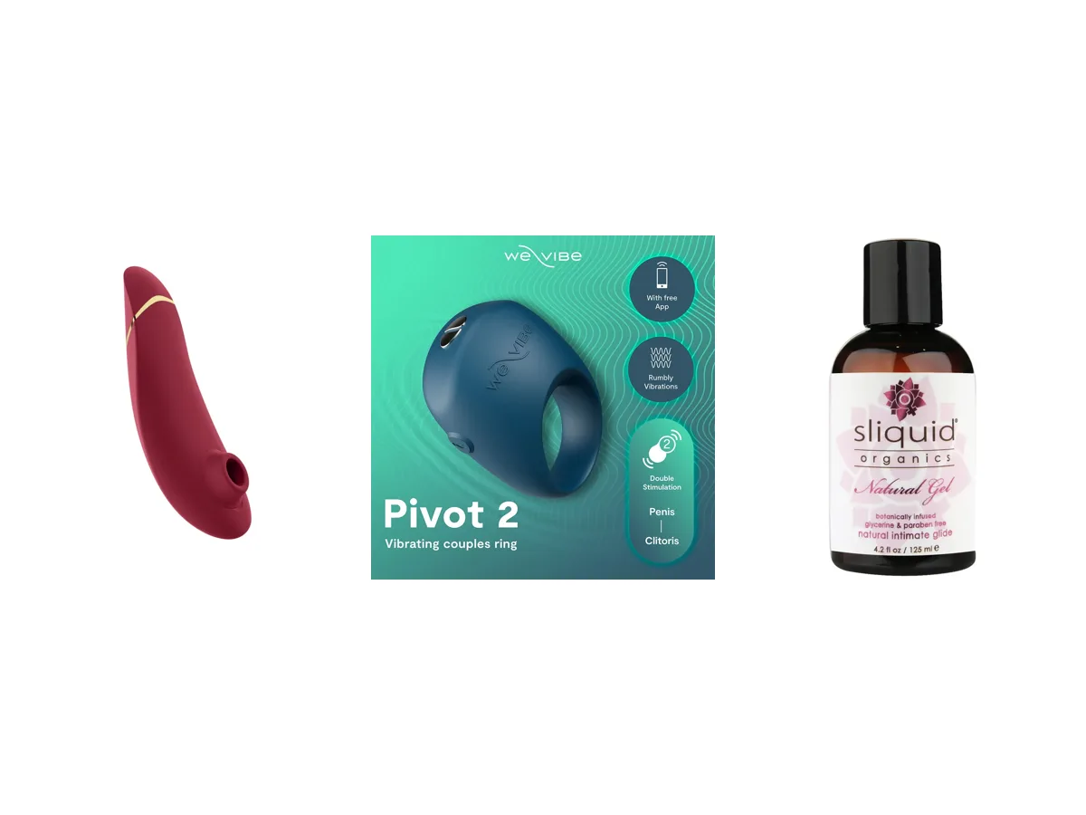 Womanizer Premium 2, We-Vibe Pivot 2 and Sliquid Organics Natural Gel.