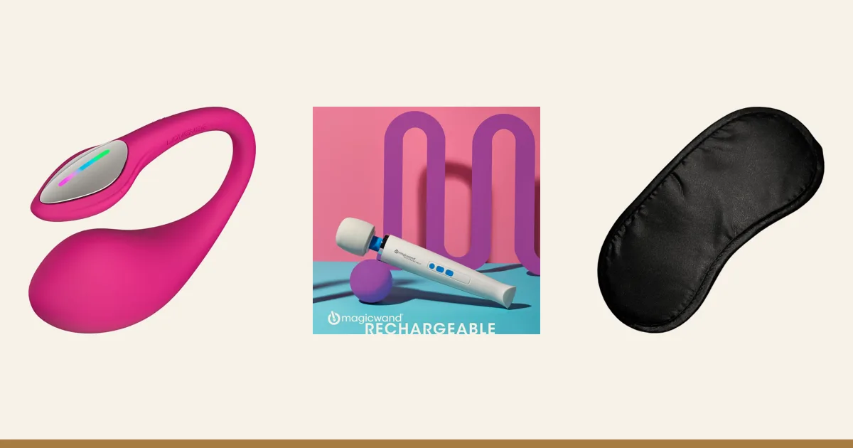 Lovense Lush 4, Magic Wand Rechargeable and a satin blindfold.