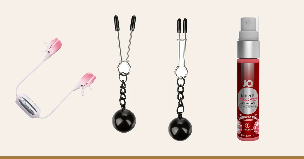 Lovense Gemini clamps, weighted tweezer clamps and JO Nipple Titillator.