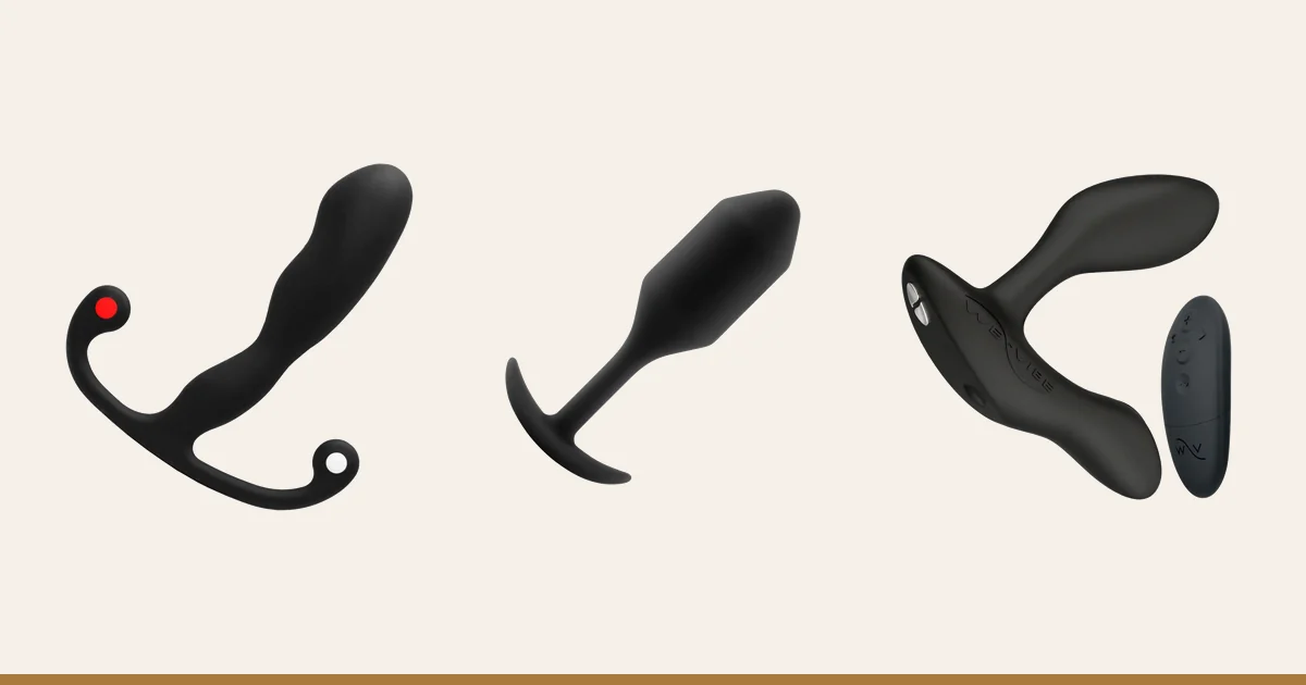 Aneros Helix Syn Trident prostate massager next to a b-Vibe Snug Plug 2 and a We-Vibe Vector+.