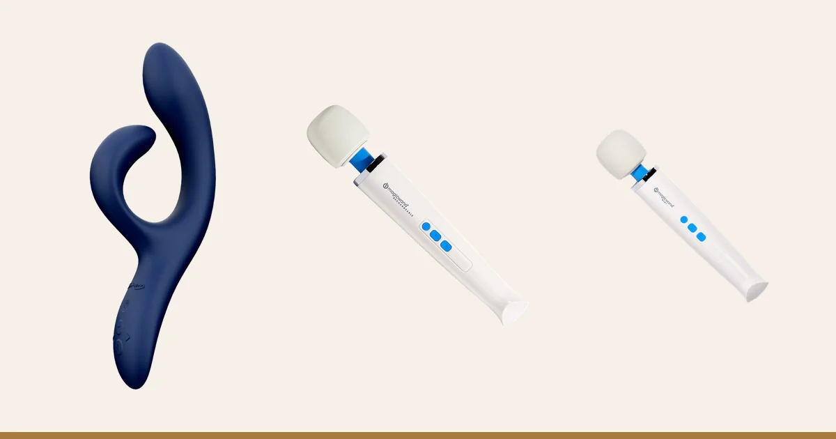 We-Vibe Nova 2 rabbit vibrator next to a Magic Wand Rechargeable and a Magic Wand Mini.