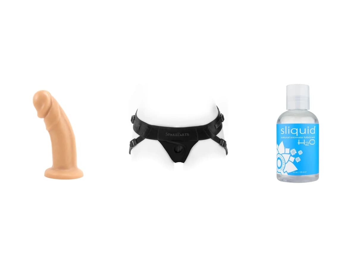 Vixen Creations Maverick dual-density dildo, SpareParts Joque harness and Sliquid H2O lubricant.