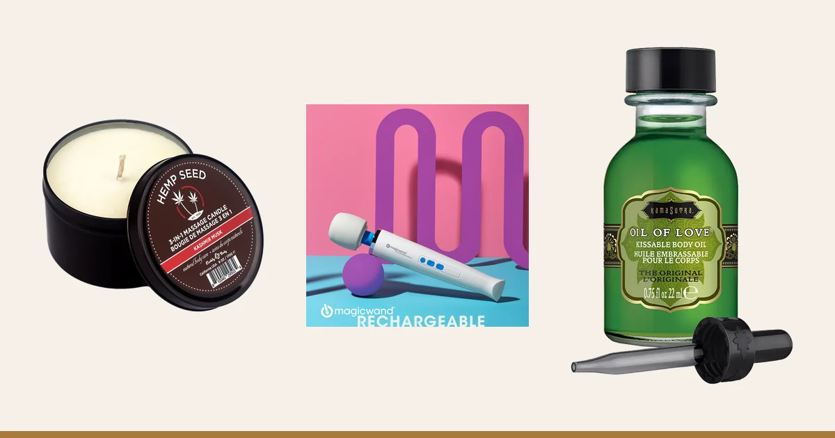 Massage candle, Magic Wand Rechargeable and Kama Sutra Oil of Love.