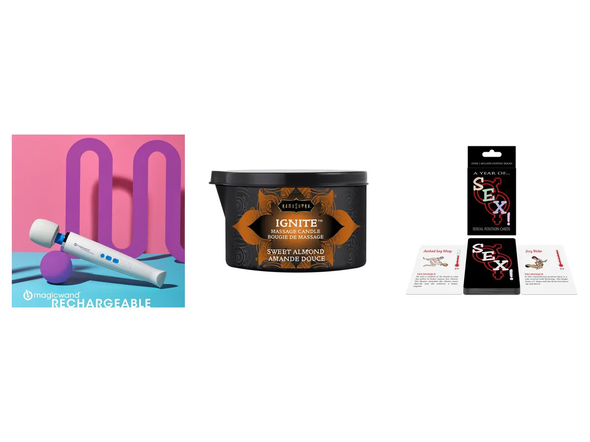 Magic Wand Rechargeable, Kama Sutra Ignite massage candle and A Year of Sex cards.