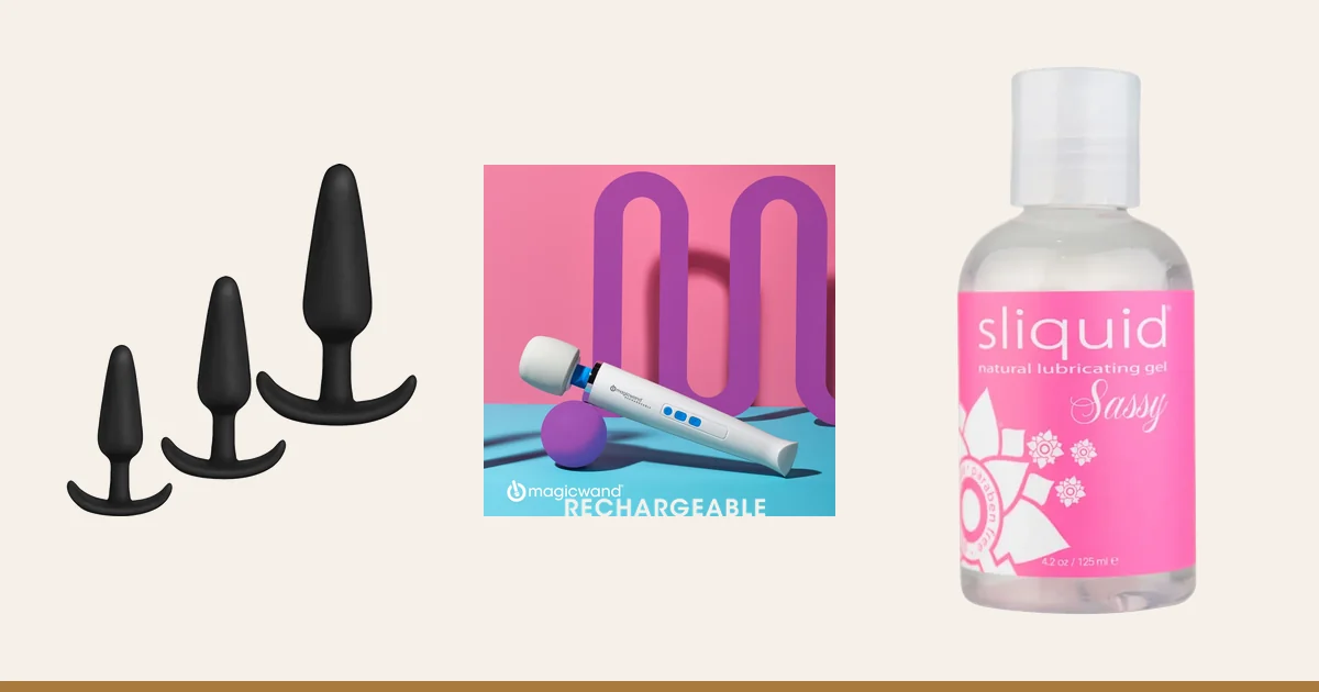 MERCI Tush Trainer plug kit, Magic Wand Rechargeable and Sliquid Sassy lube.