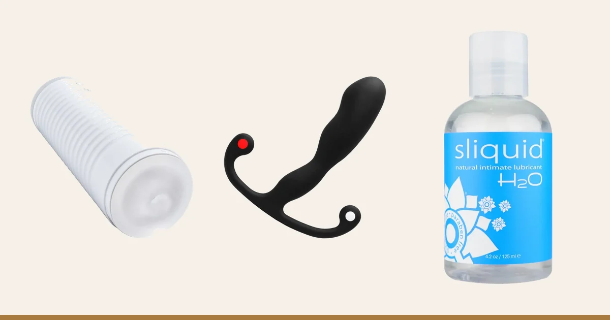Lovense Max 2, Aneros Helix Syn Trident and Sliquid H2O.