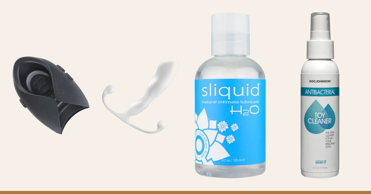Hot Octopuss Pulse Solo Essential, Aneros Helix Trident, Sliquid H2O and Doc Johnson toy cleaner.