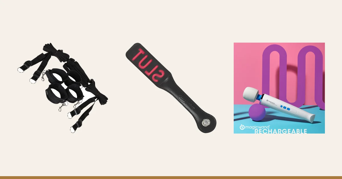 Sportsheets Under the Bed Restraints, leather impression paddle and Magic Wand Rechargeable.