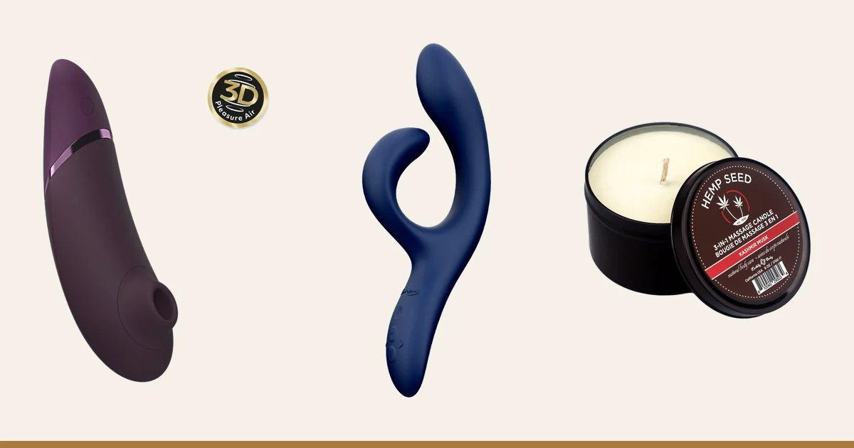 Womanizer Next, We-Vibe Nova 2 and a massage candle.
