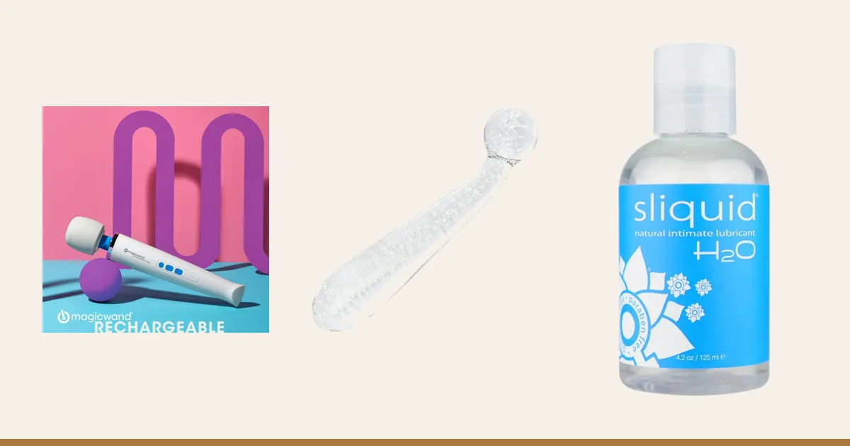 Magic Wand Rechargeable, a glass G-spot wand and Sliquid H2O.