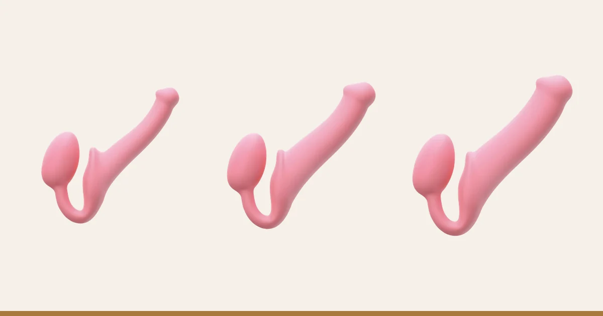 Strap-on-Me silicone strapless strap-ons in Small, Large and X-Large, side by side.