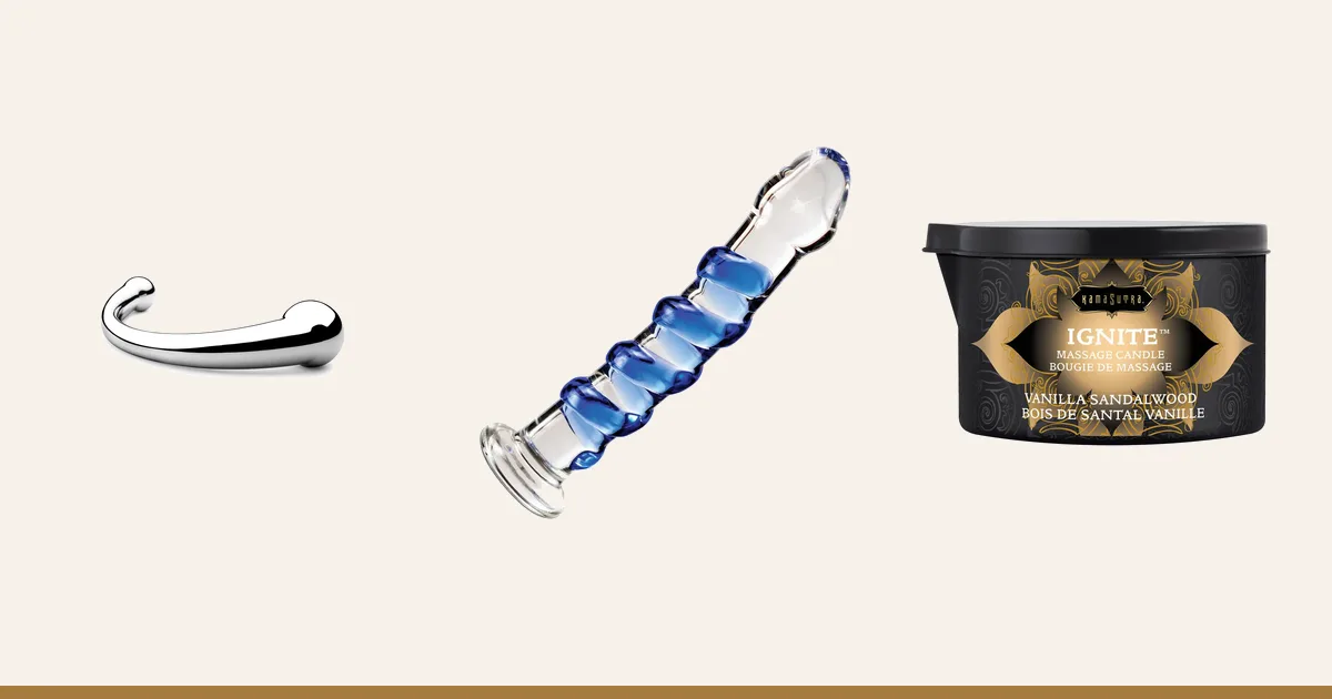 njoy Pure Wand, Icicles No. 5 glass dildo and Kama Sutra Ignite massage candle.