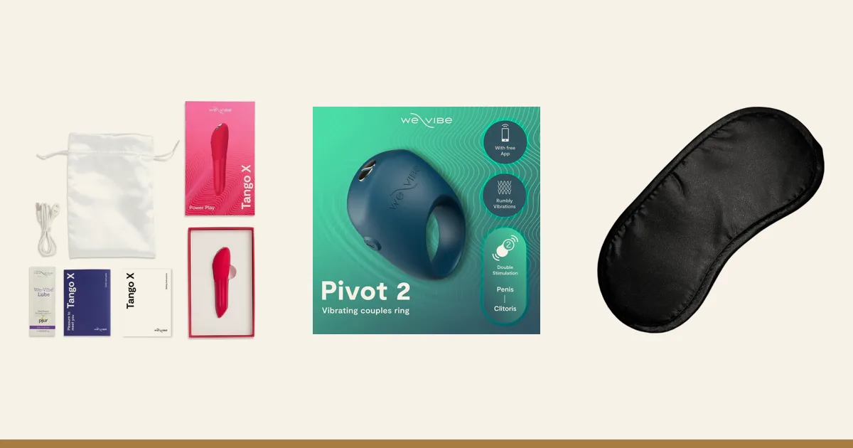 We-Vibe Tango X, We-Vibe Pivot 2 and a satin blindfold.