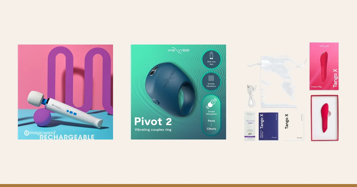 Magic Wand Rechargeable, We-Vibe Pivot 2 and We-Vibe Tango X.