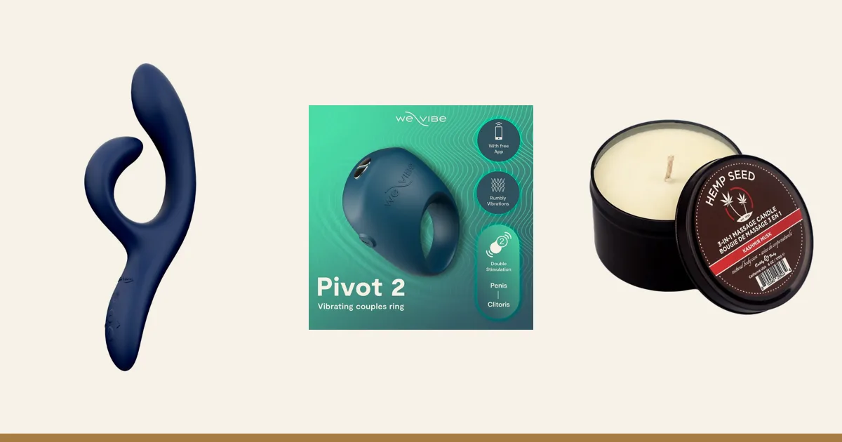 We-Vibe Nova 2, We-Vibe Pivot 2 and an Earthly Body massage candle.
