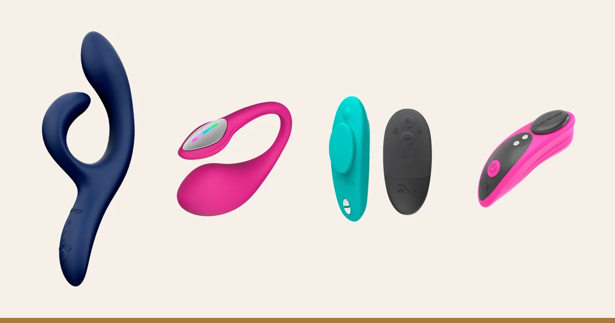We-Vibe Nova 2, Lovense Lush 4, We-Vibe Moxie+ and Lovense Ferri side by side.