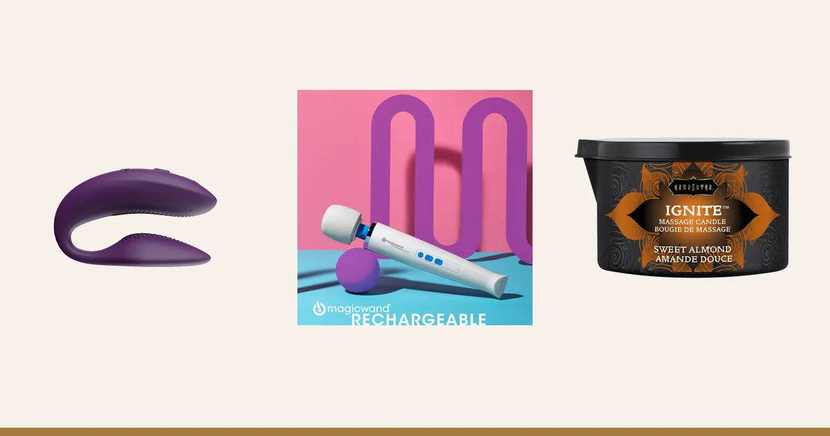 We-Vibe Sync 2, Magic Wand Rechargeable and Kama Sutra Ignite massage candle.