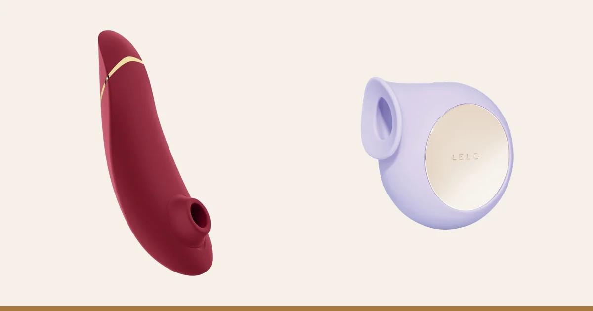 Womanizer Premium 2 in Bordeaux next to a lilac LELO Sila.