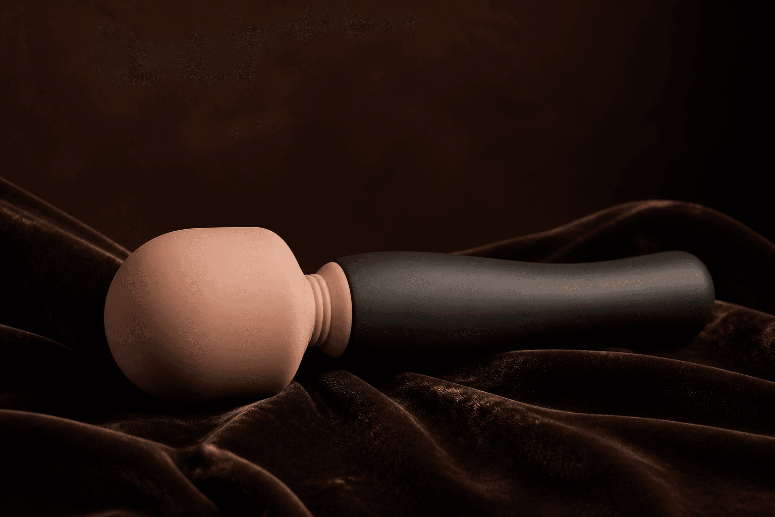 Editorial sample. Full-size wand with a nude silicone head and charcoal handle on dark velvet.