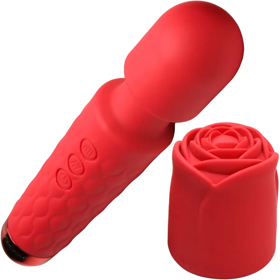 Bloomgasm Pleasure Rose wand vibrator with rose attachment.