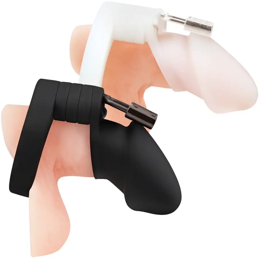 Blueline silicone chastity cock cage with padlock.