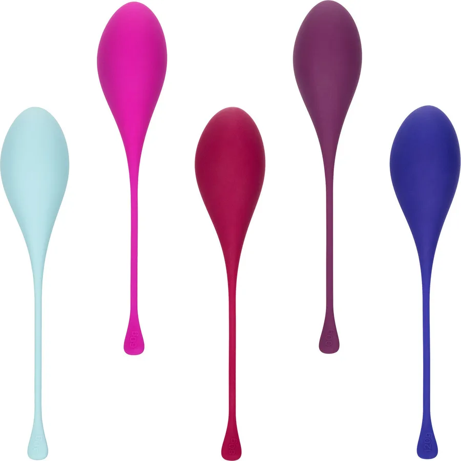 CalExotics kegel training 5-piece set, five colorful silicone balls with loops.