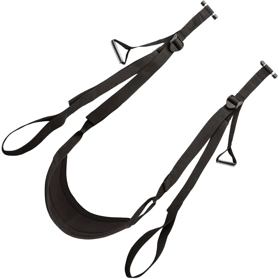 CalExotics Nocturnal Collection over-the-door sex swing with padded seat, foot straps, and handles on white.